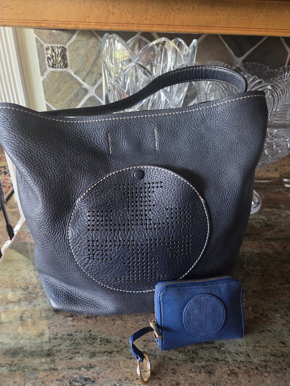 Tory Burch Navy Leather Hobo Bag with Blue Zip Wallet